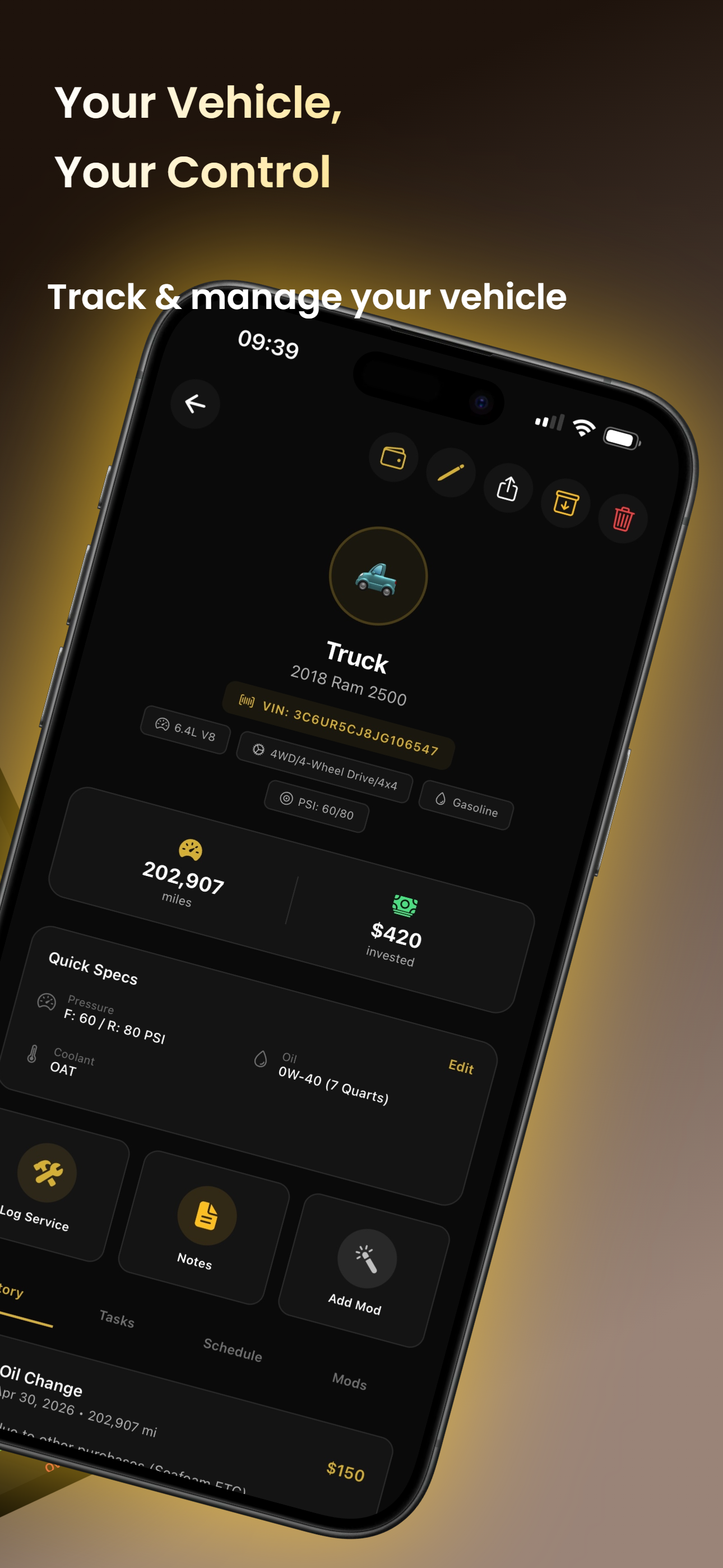 AutoVault vehicle detail - specs, mileage, investment tracking