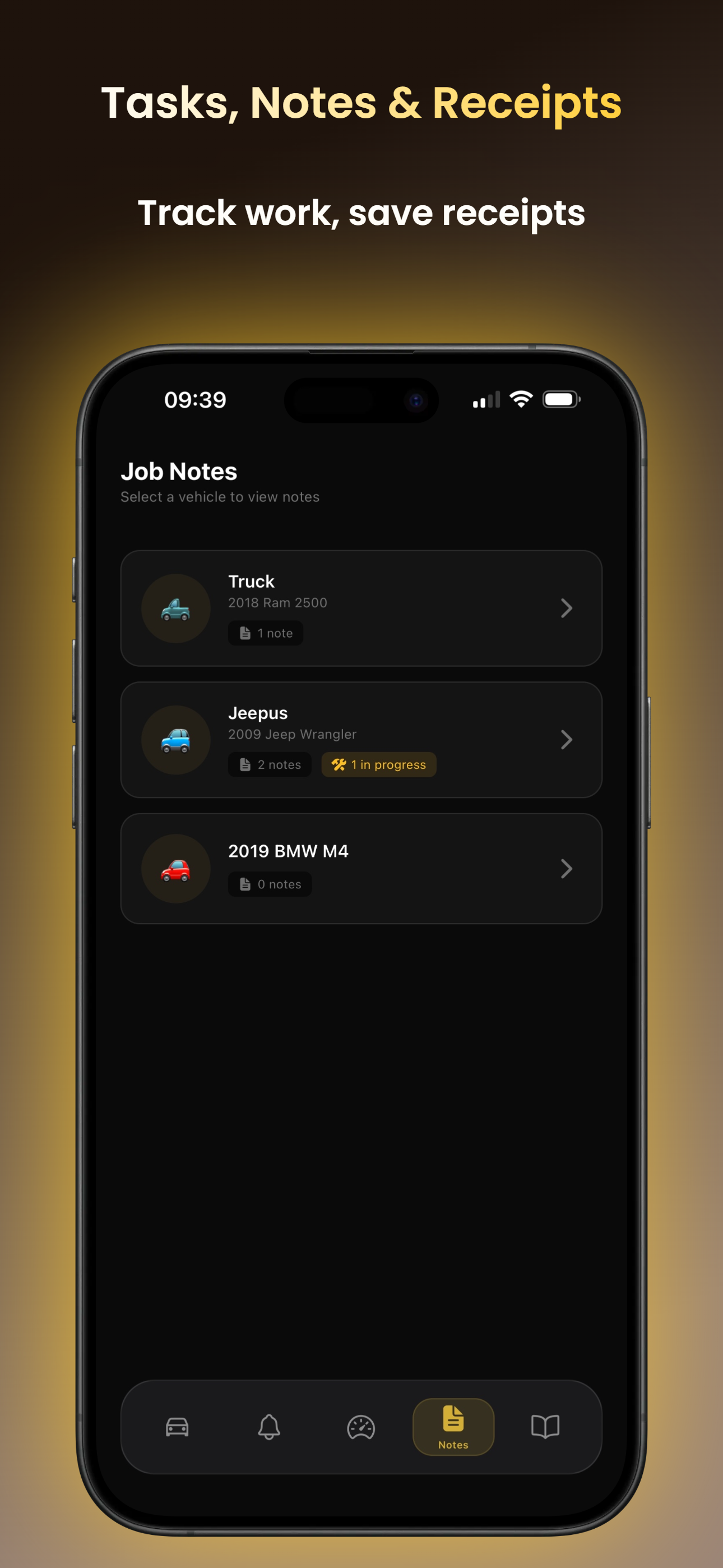 AutoVault notes - job notes organized by vehicle