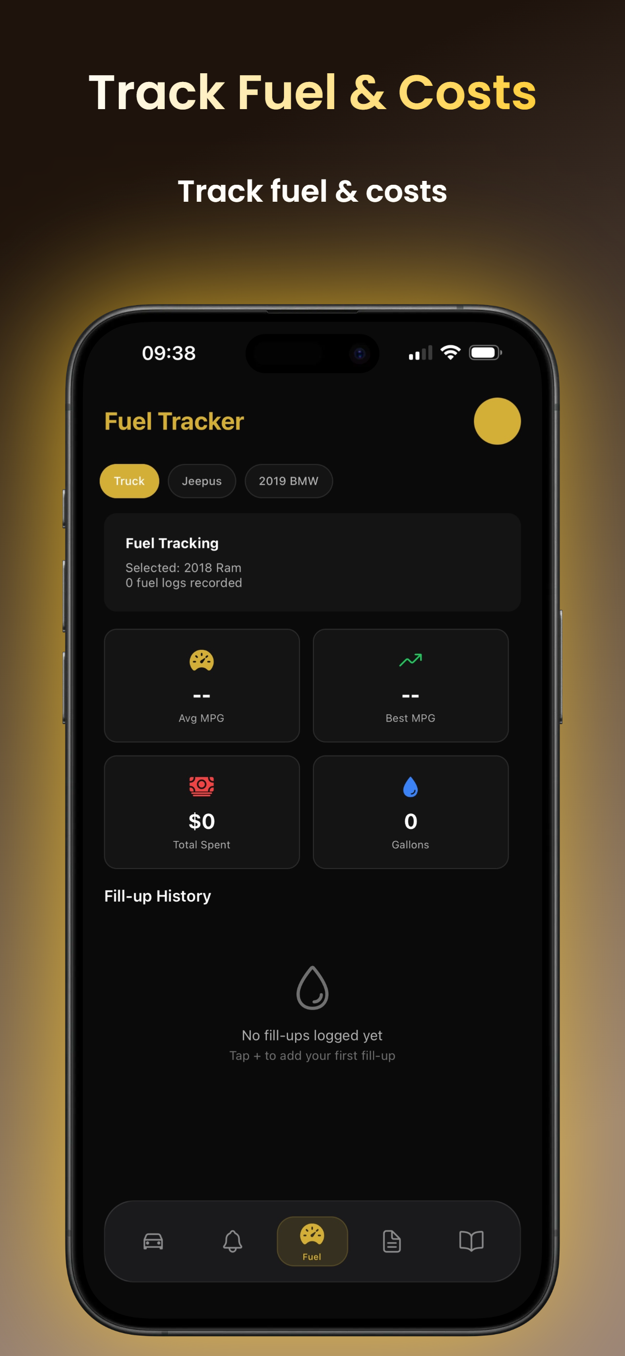 AutoVault fuel tracker - MPG, costs, and fill-up history